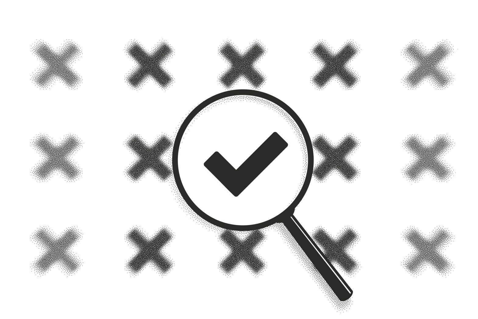 An illustration of a magnifying glass magnifying a check mark in the midst of a field of blurred X marks.